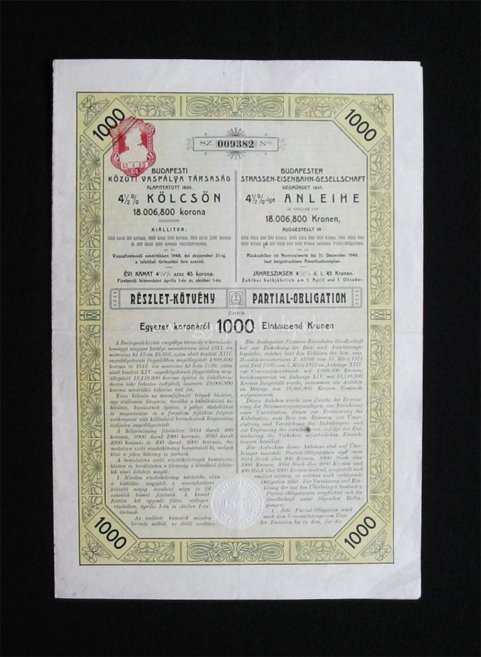 Budapesti Közúti Vaspálya Társaság 4,5% kötvény 1000 korona 1912
